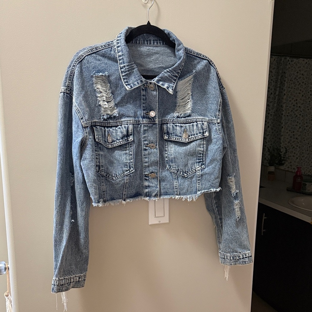 SHEIN Blue Distressed Jean Jacket With Fringes